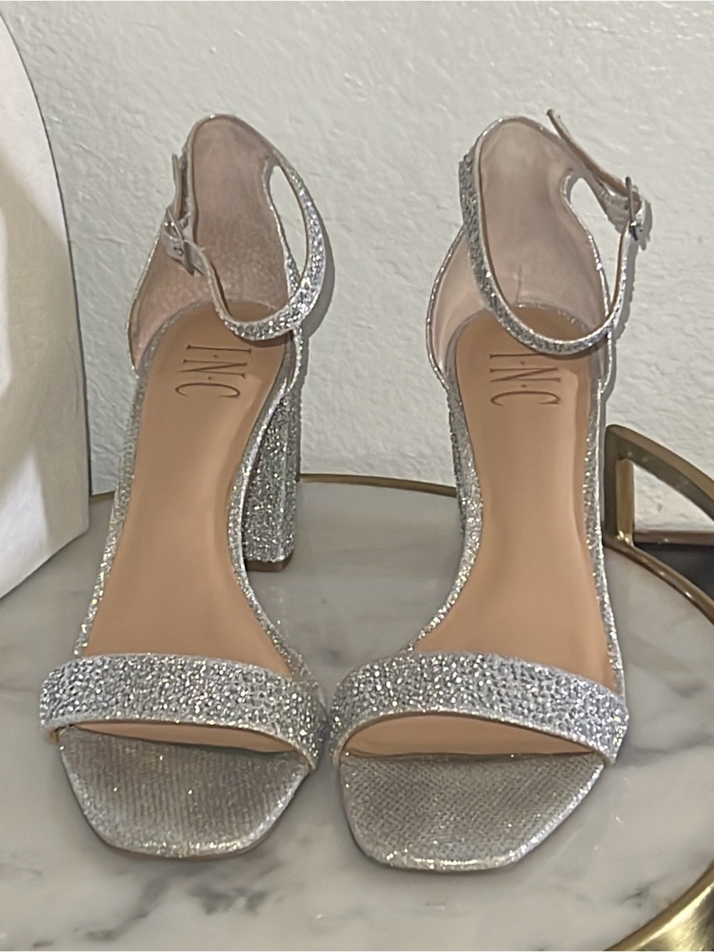 I.N.C. Silver sparkly sandal ankle straps block heel 7.5